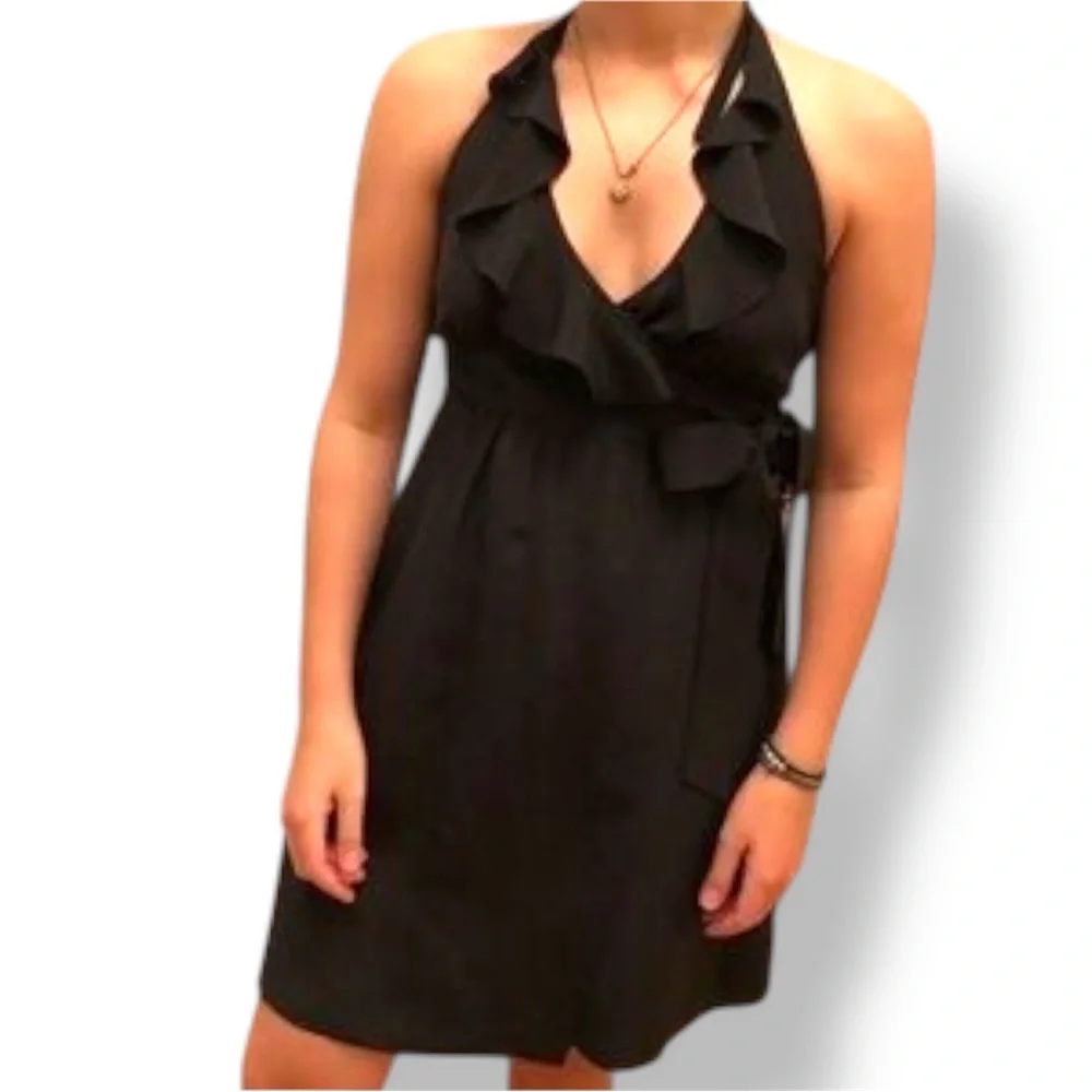 TIBI 100% Silk Little Black Ruffle Mini Dress Halter Neck Bow Waist ❗️550 MSRP❗️